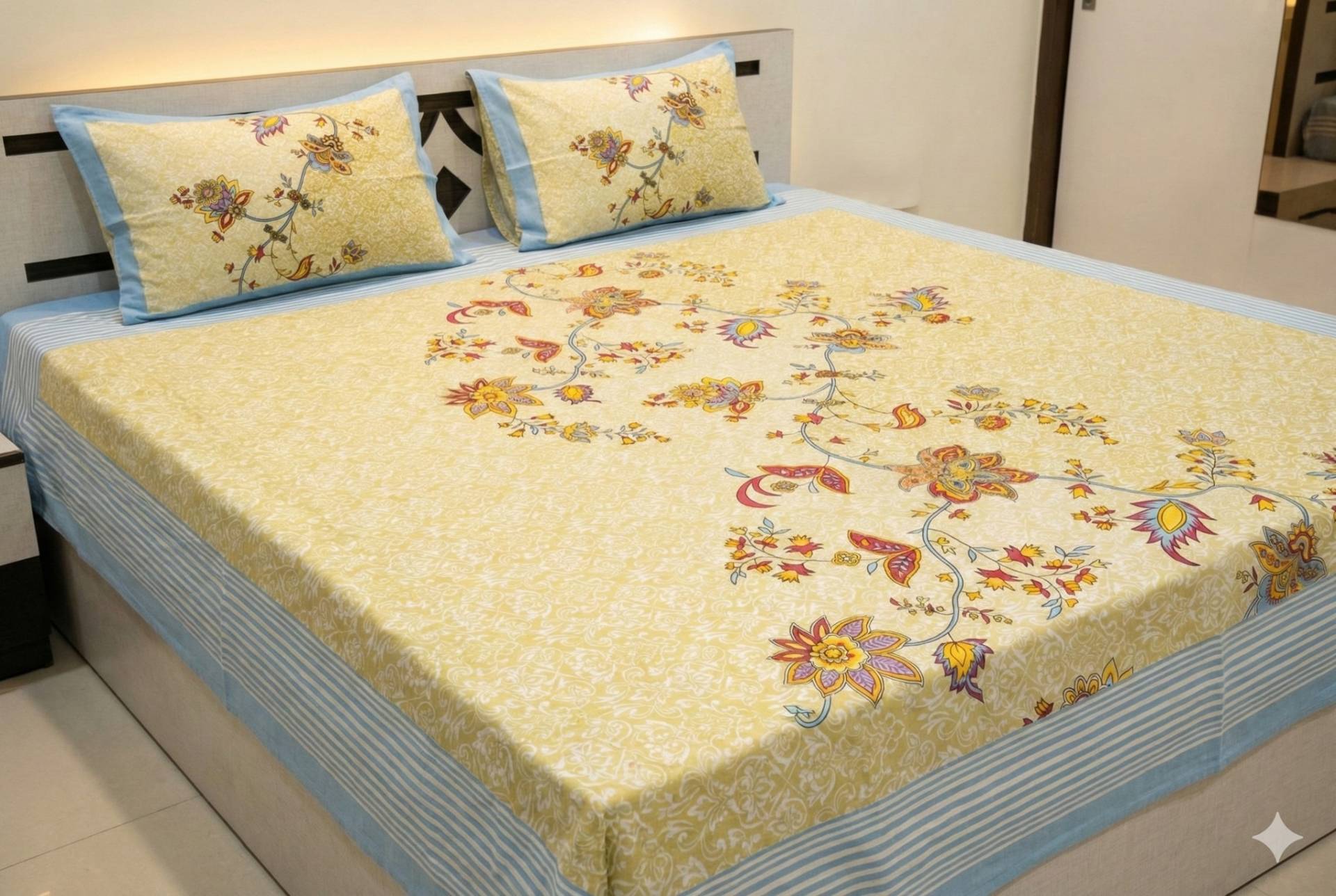 Floral Bedsheet with Ethnic Motifs – custard & blue Kaibee (photo 1 of 3) – KaiBee