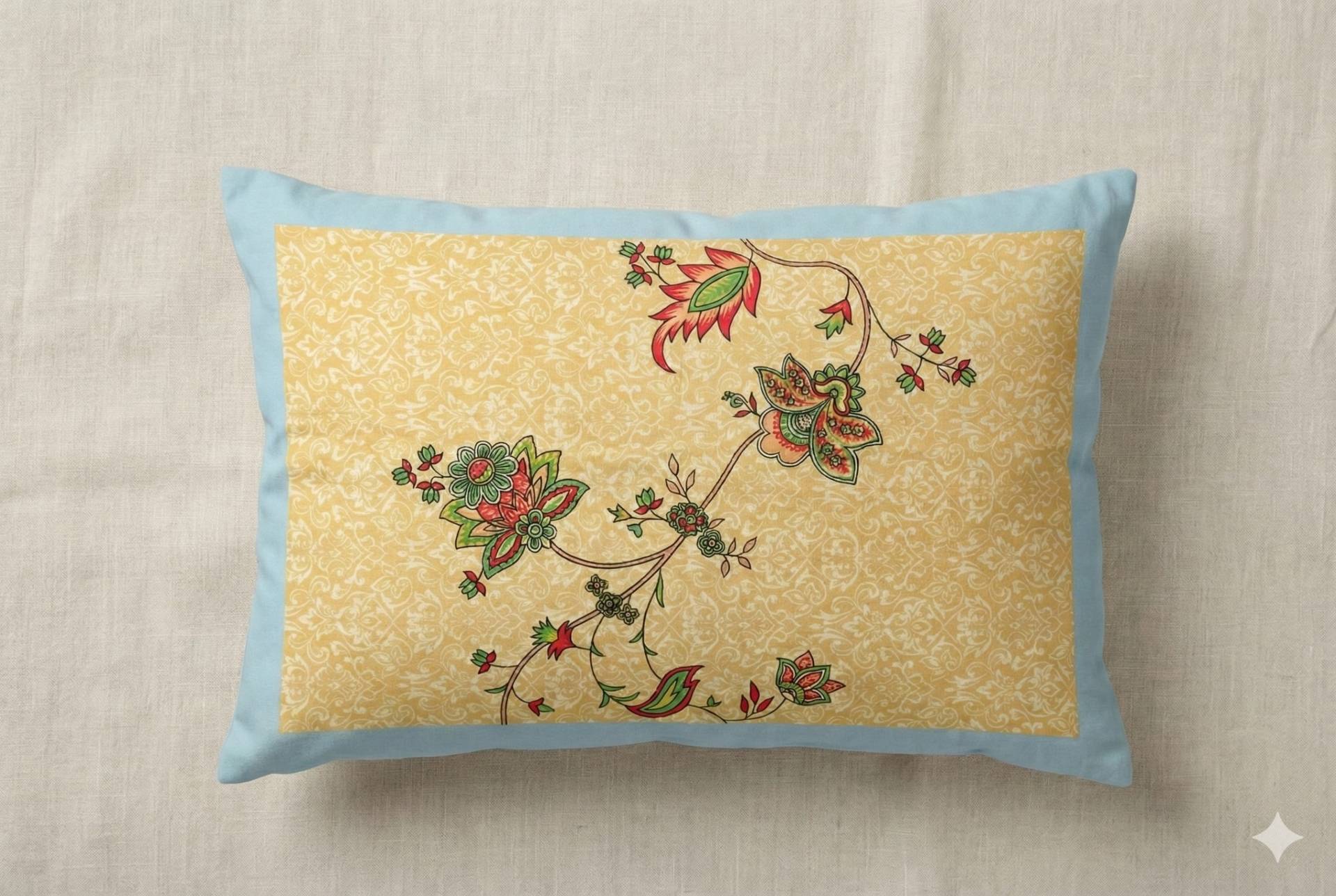 Floral Bedsheet with Ethnic Motifs – custard & blue Kaibee (photo 3 of 3) – KaiBee
