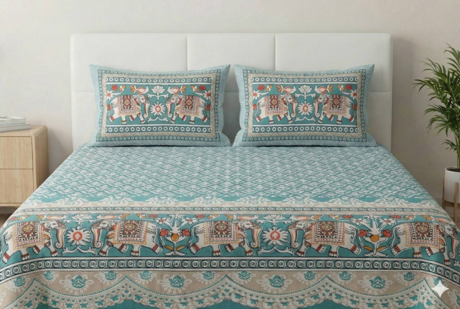 Bedsheet with Elephant & Floral Motifs – Cyan Kaibee (photo 1 of 3) – KaiBee