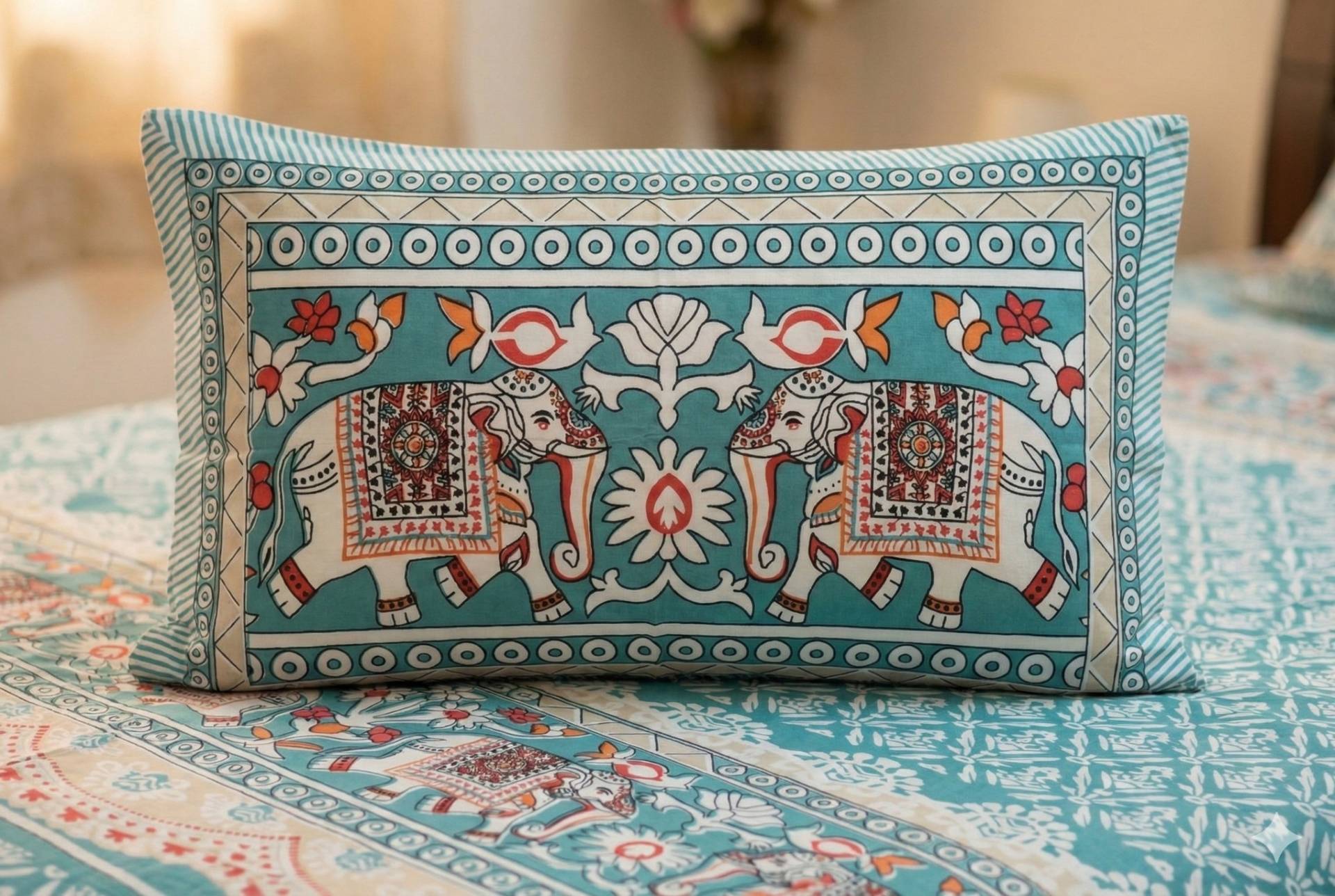 Bedsheet with Elephant & Floral Motifs – Cyan Kaibee (photo 3 of 3) – KaiBee