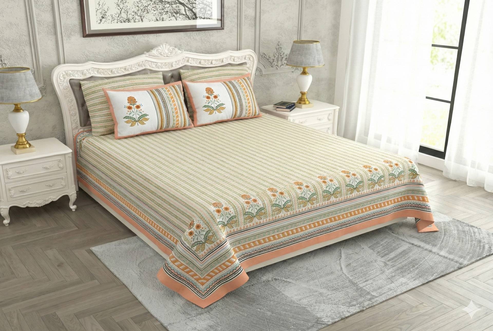 Bedsheet with Floral and Striped Design – green & saffron mix Kaibee (photo 1 of 4) – KaiBee
