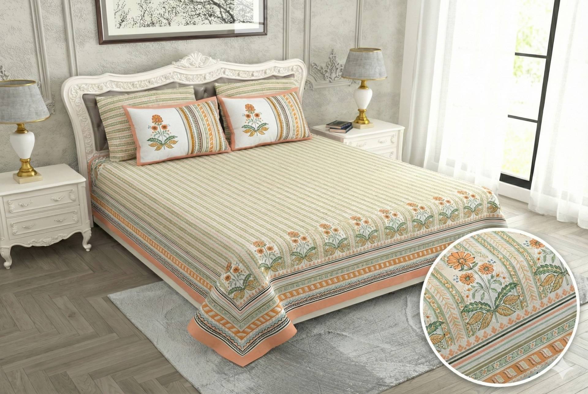 Bedsheet with Floral and Striped Design – green & saffron mix Kaibee (photo 4 of 4) – KaiBee