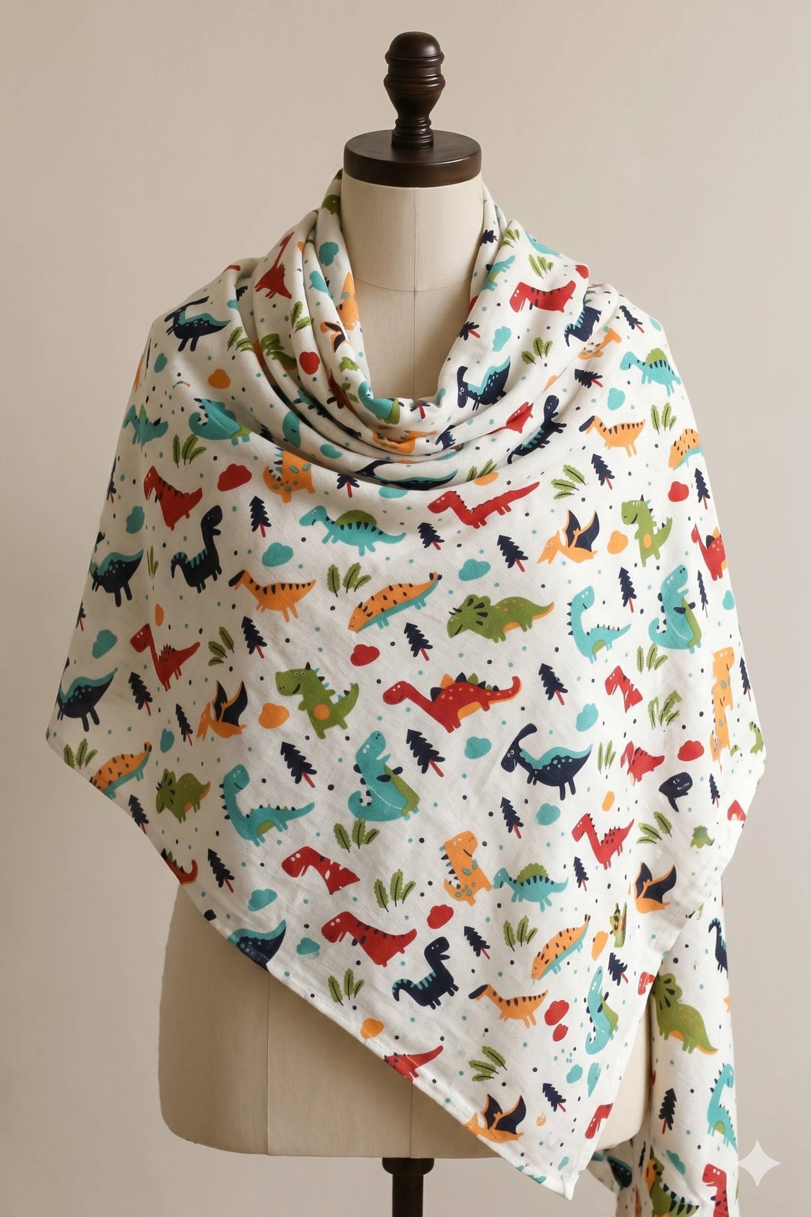 Printed Cotton Shawl With Dinosaurs – White Kaibee (photo 1 of 2) – KaiBee
