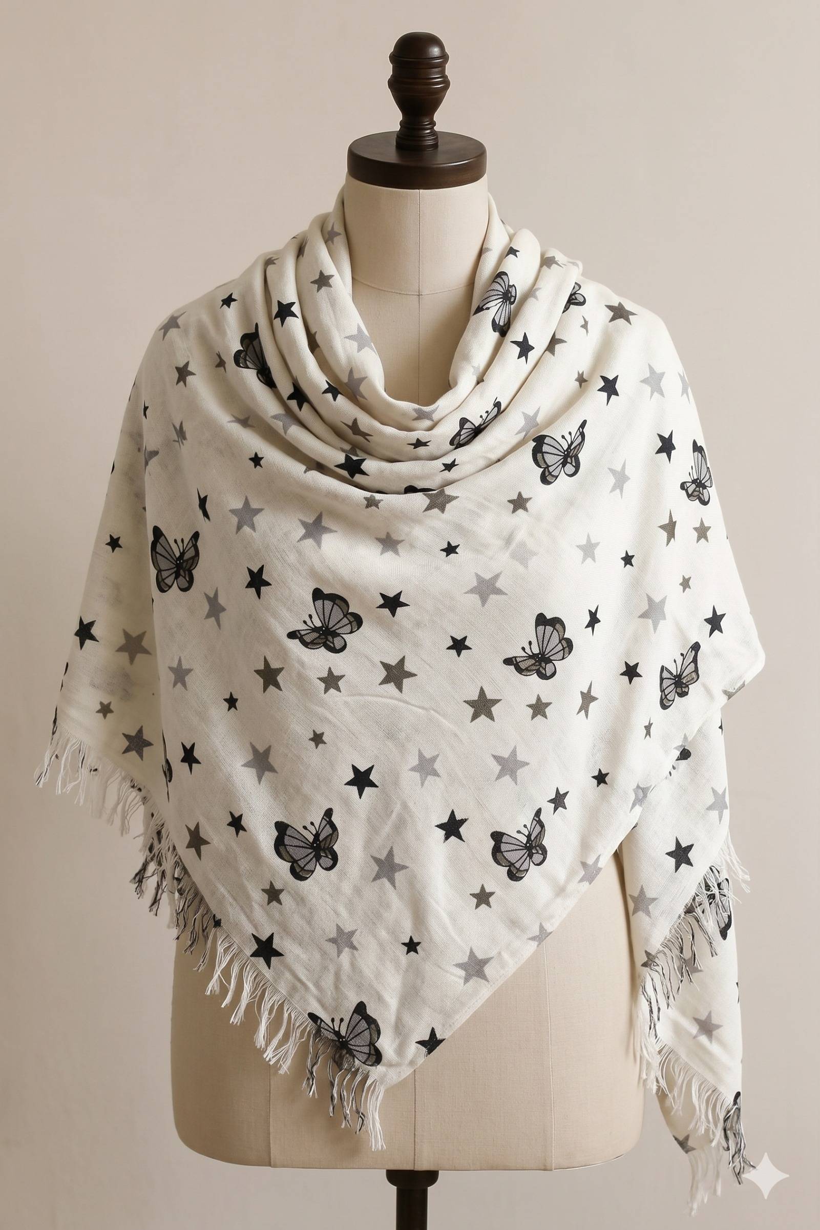 Printed Cotton Shawl With Butterflies – White Kaibee (photo 1 of 2) – KaiBee