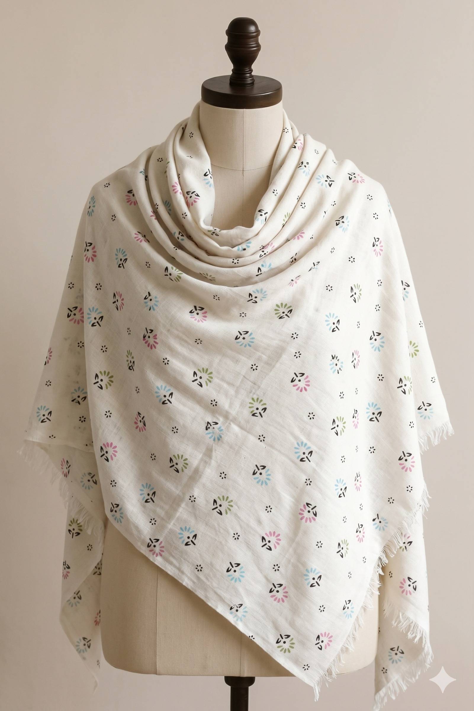 Printed Cotton Shawl With Flowers – White Kaibee (photo 1 of 2) – KaiBee