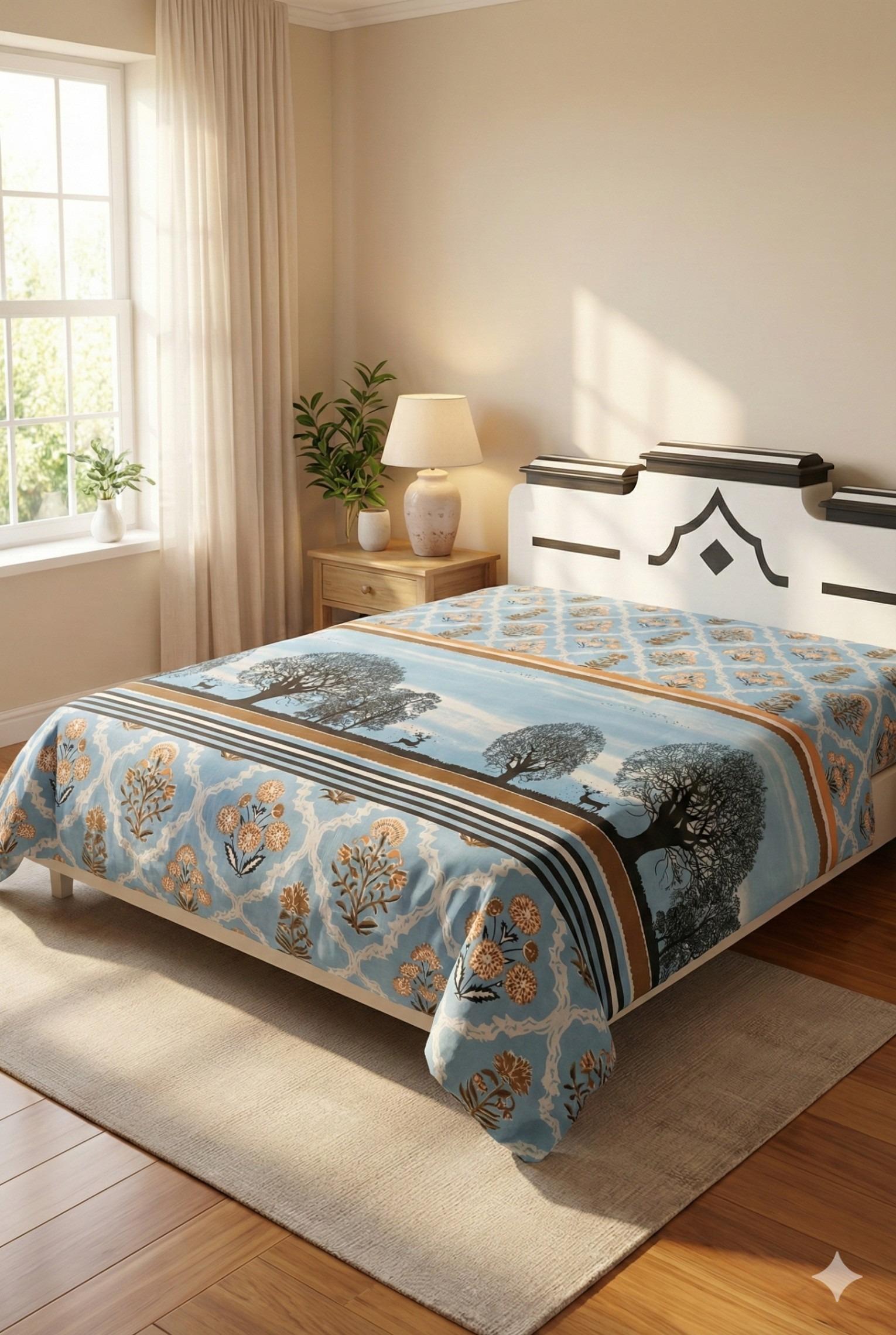 Bedsheet with Tree Silhouette & Floral Print