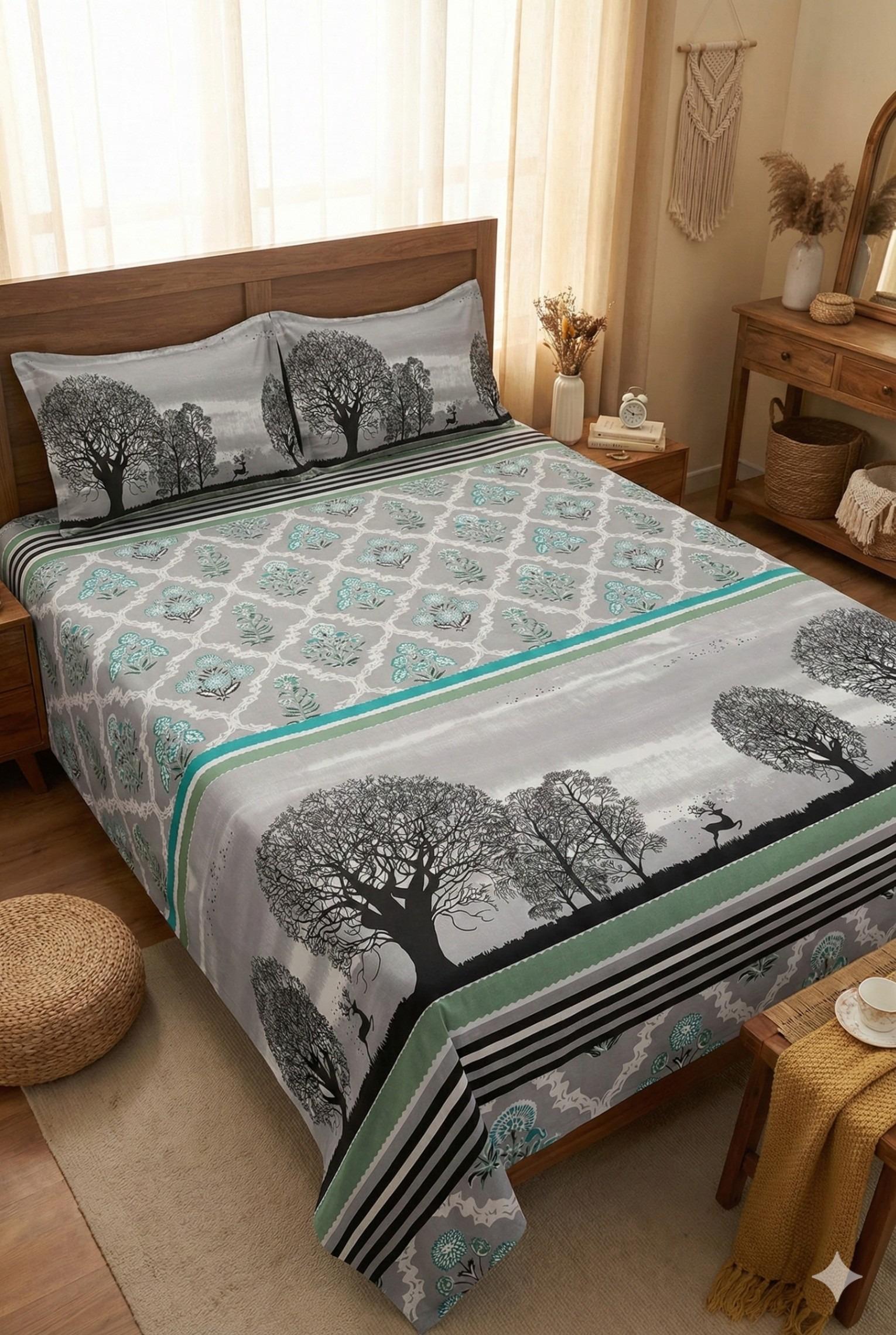 Bedsheet with Tree Silhouette & Floral Print