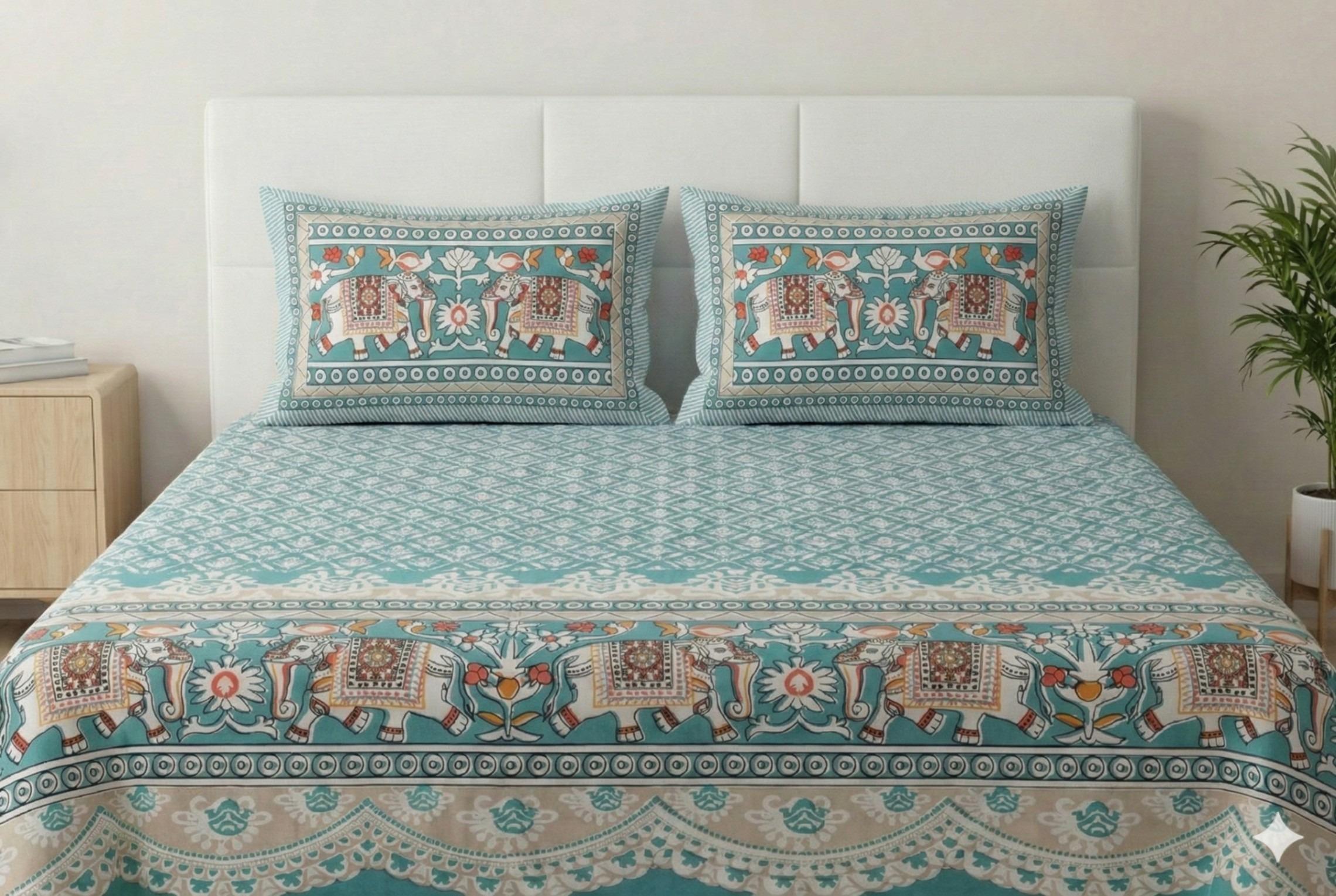 Bedsheet with Elephant & Floral Motifs
