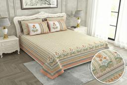 Bedsheet with Floral and Striped Design – green & saffron mix Kaibee (photo 4 of 4) – KaiBee
