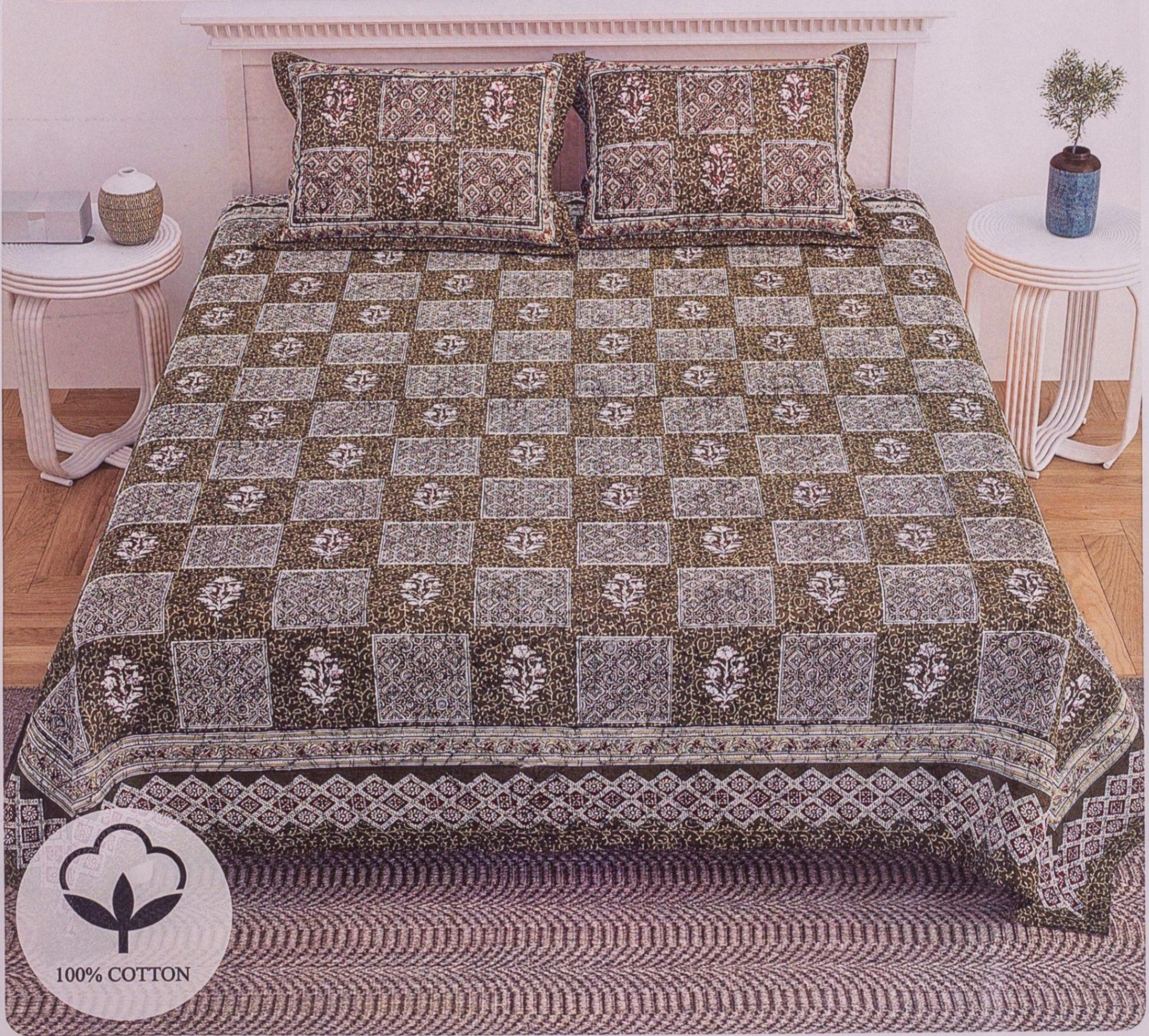 Beige Checkered Floral Print Cotton King Size Bedsheet