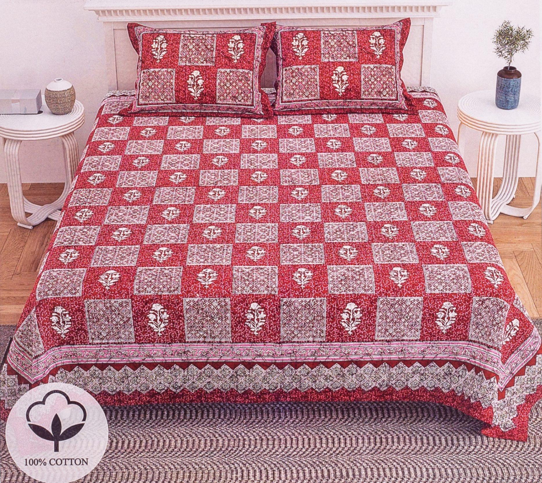 Red Floral Block Printed Bedsheet