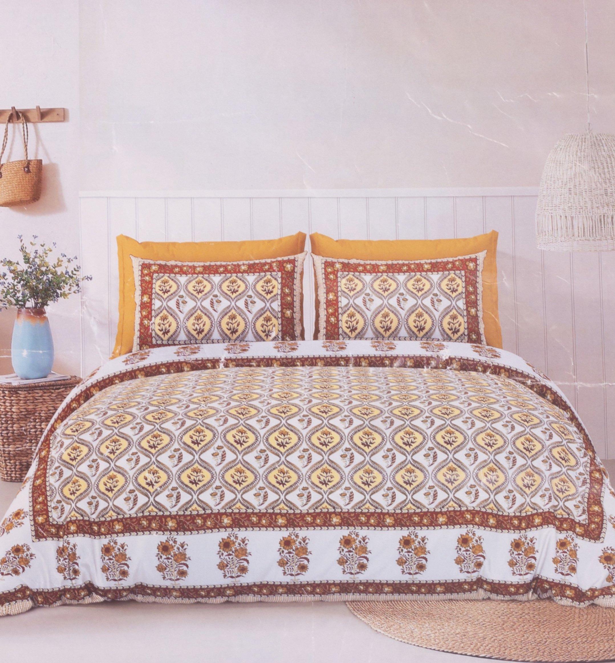 Yellow Brown Floral Block Printed Bedsheet