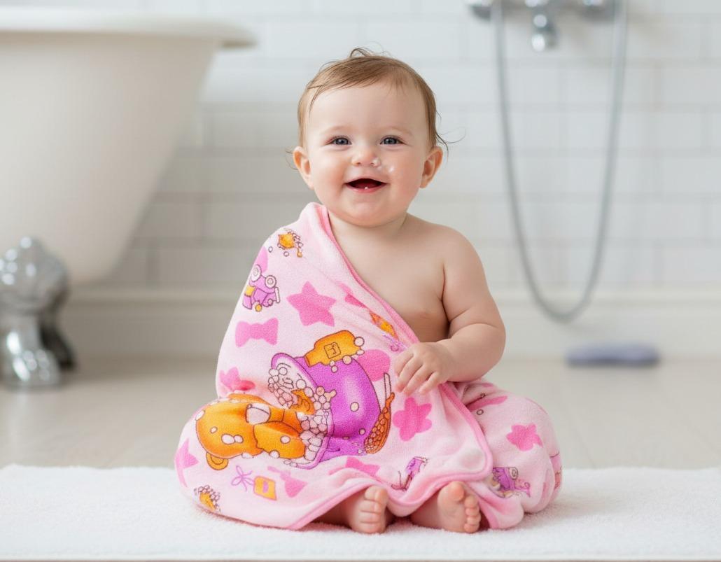 Soft Pink Cartoon Print Baby Bath Towel 