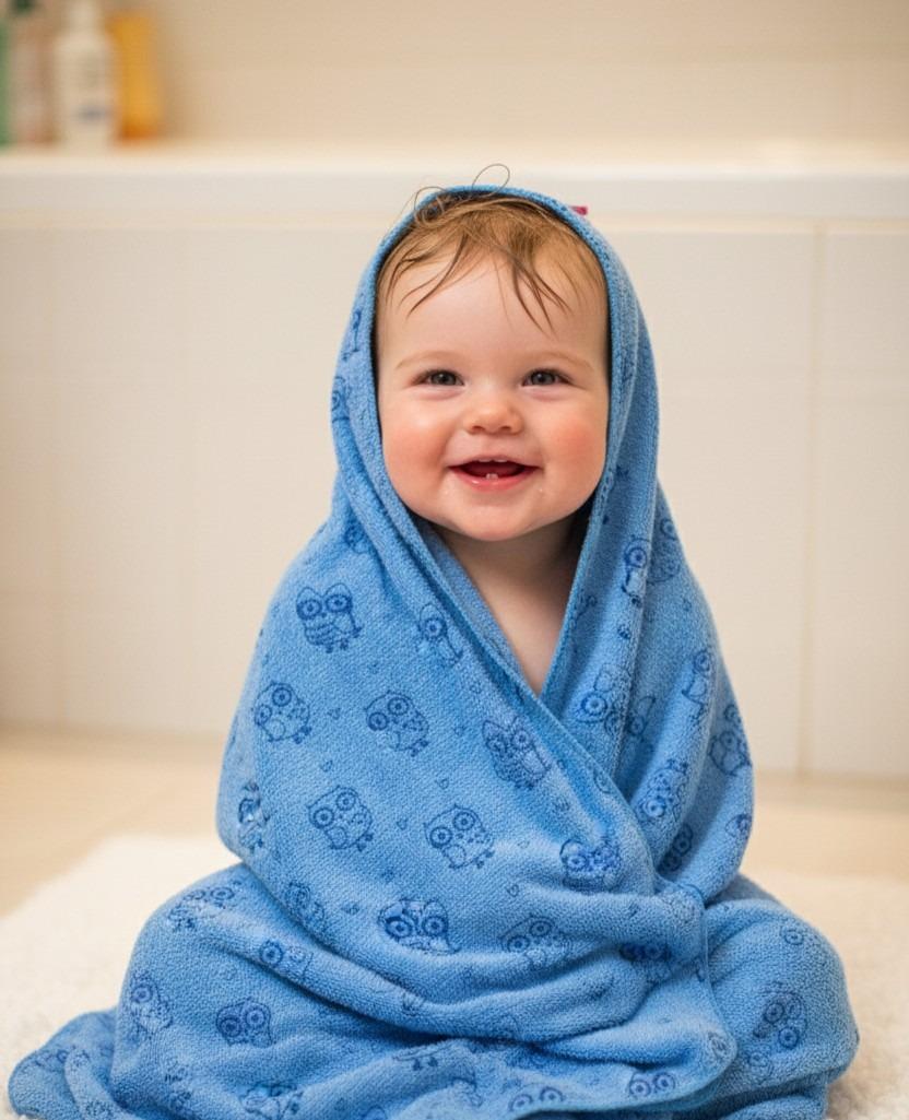 Soft Blue Cartoon Owl Print Baby Bath Towel