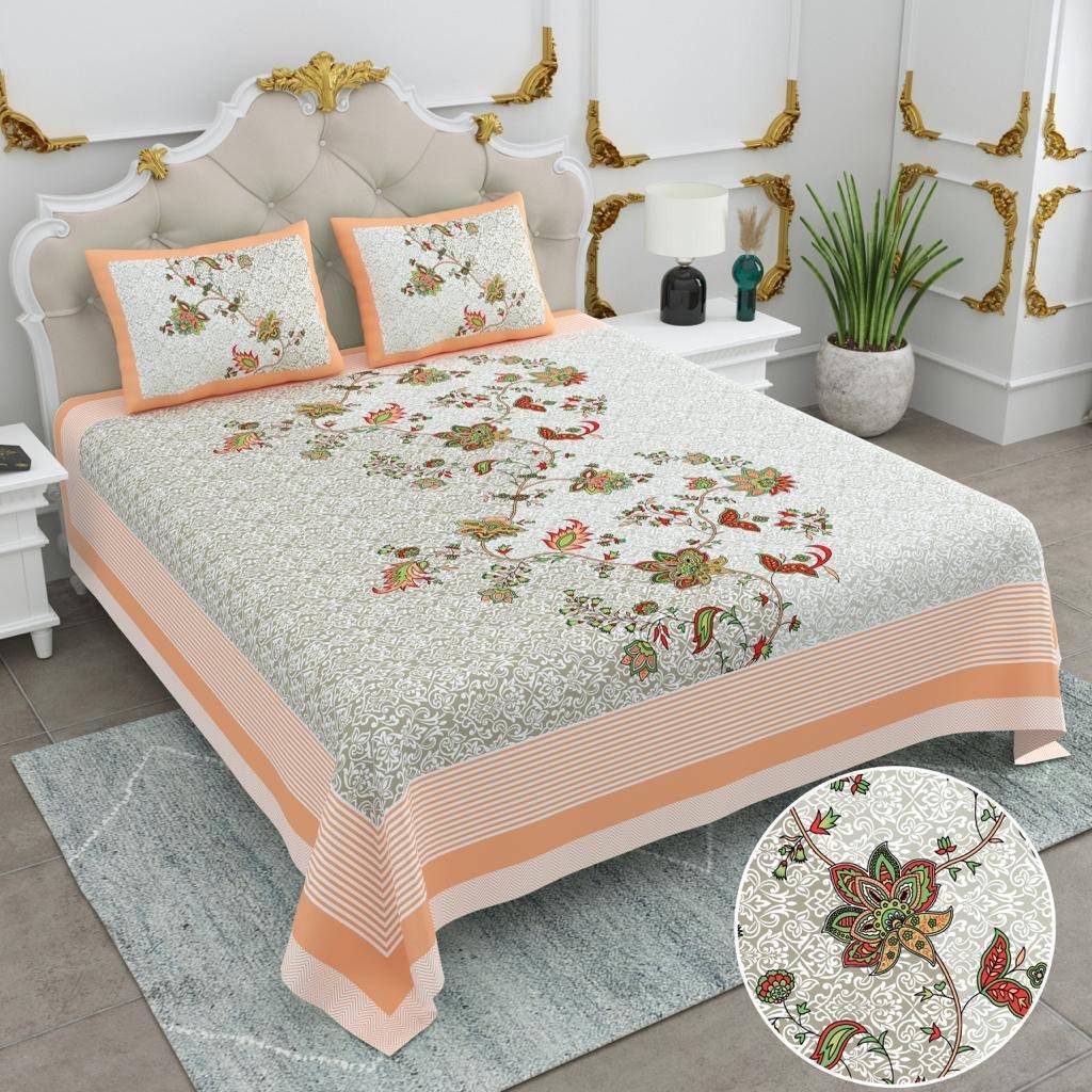 Floral Bedsheet with Ethnic Motifs – saffron Kaibee (photo 1 of 2) – KaiBee