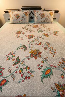 Floral Bedsheet with Ethnic Motifs – cyan & gray Kaibee (photo 1 of 3) – KaiBee