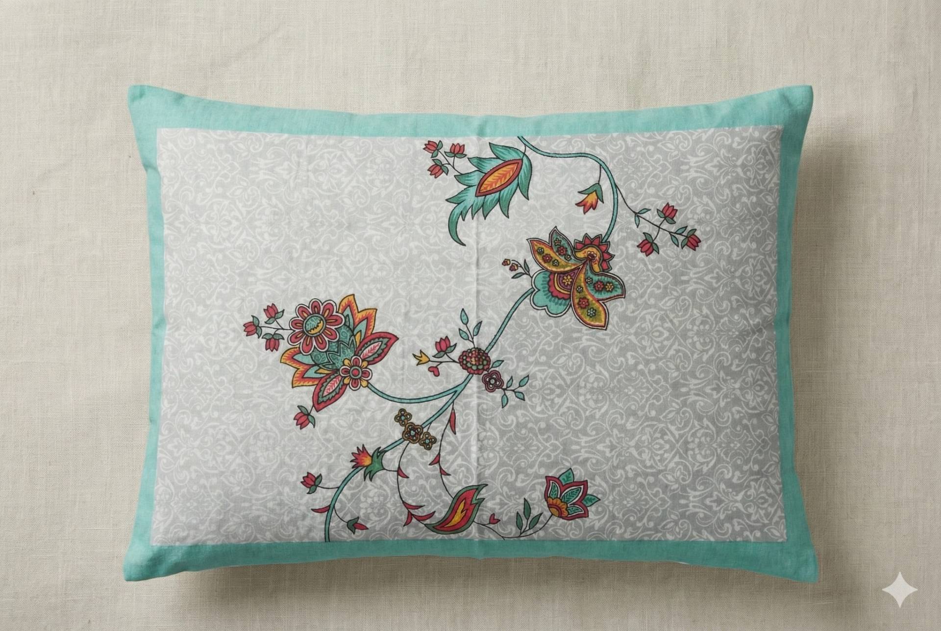 Floral Bedsheet with Ethnic Motifs – cyan & gray Kaibee (photo 3 of 3) – KaiBee