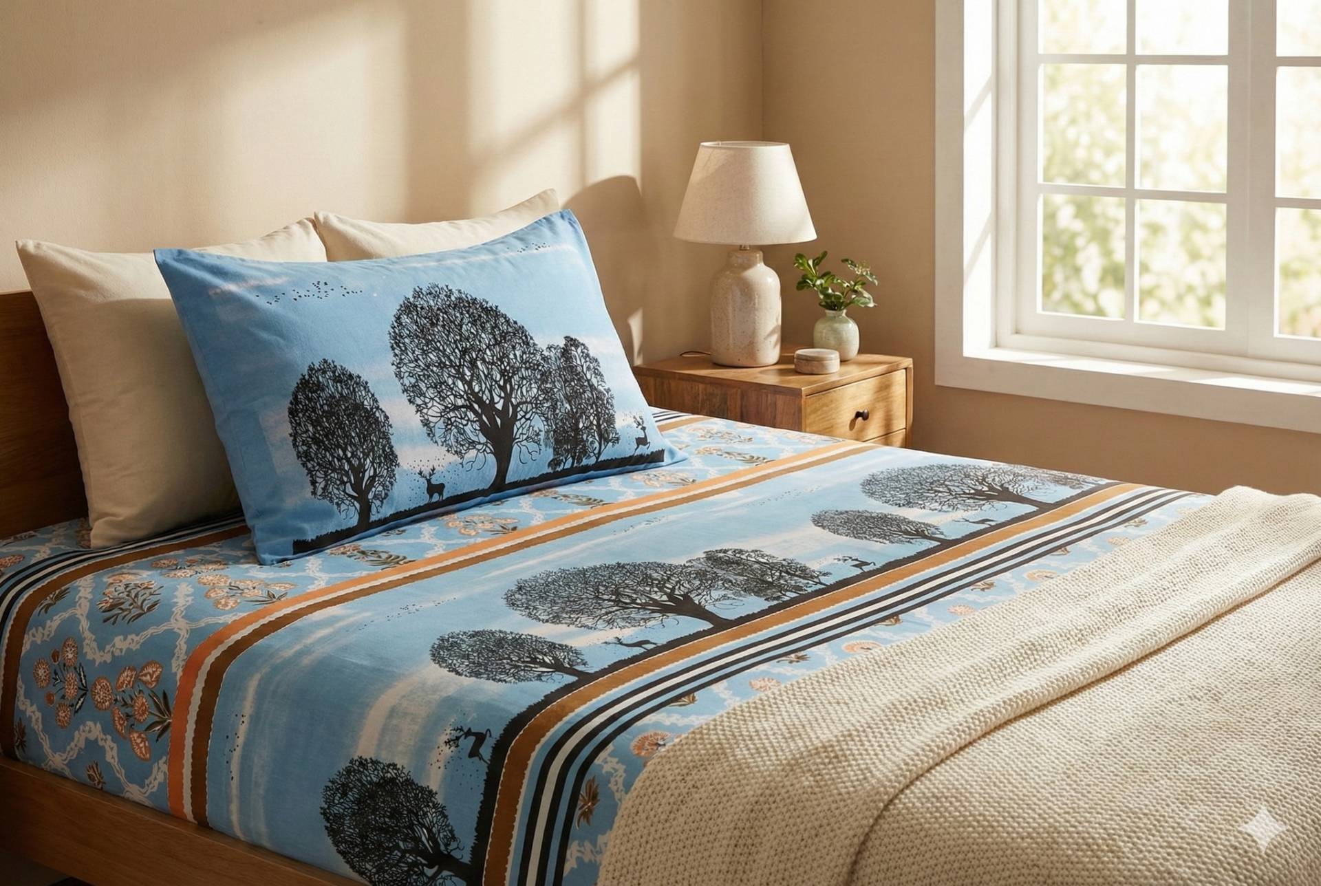 Bedsheet with Tree Silhouette & Floral Print – sky blue Kaibee (photo 2 of 4) – KaiBee