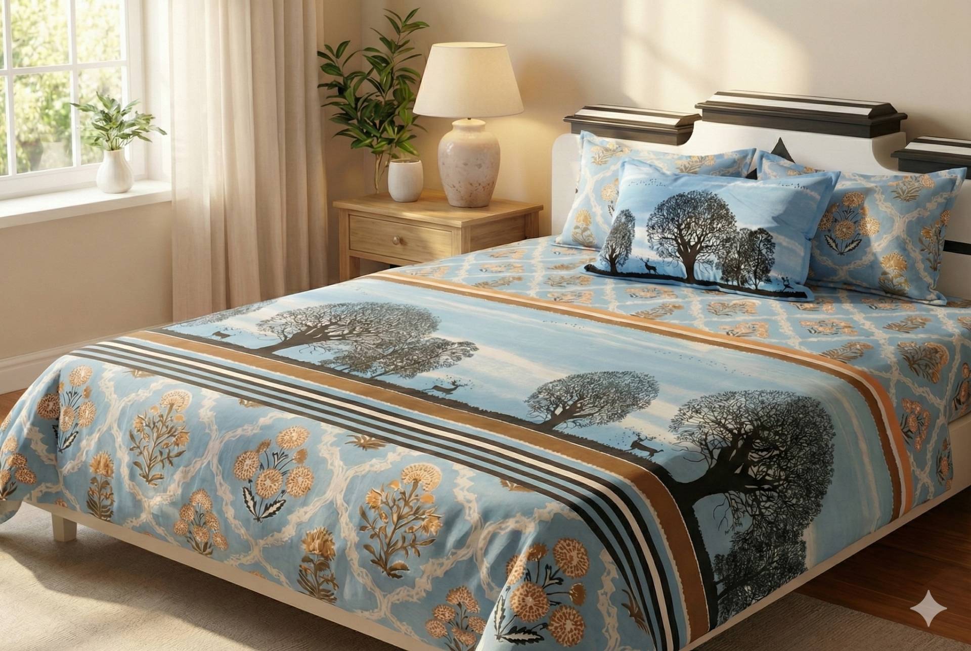 Bedsheet with Tree Silhouette & Floral Print – sky blue Kaibee (photo 4 of 4) – KaiBee