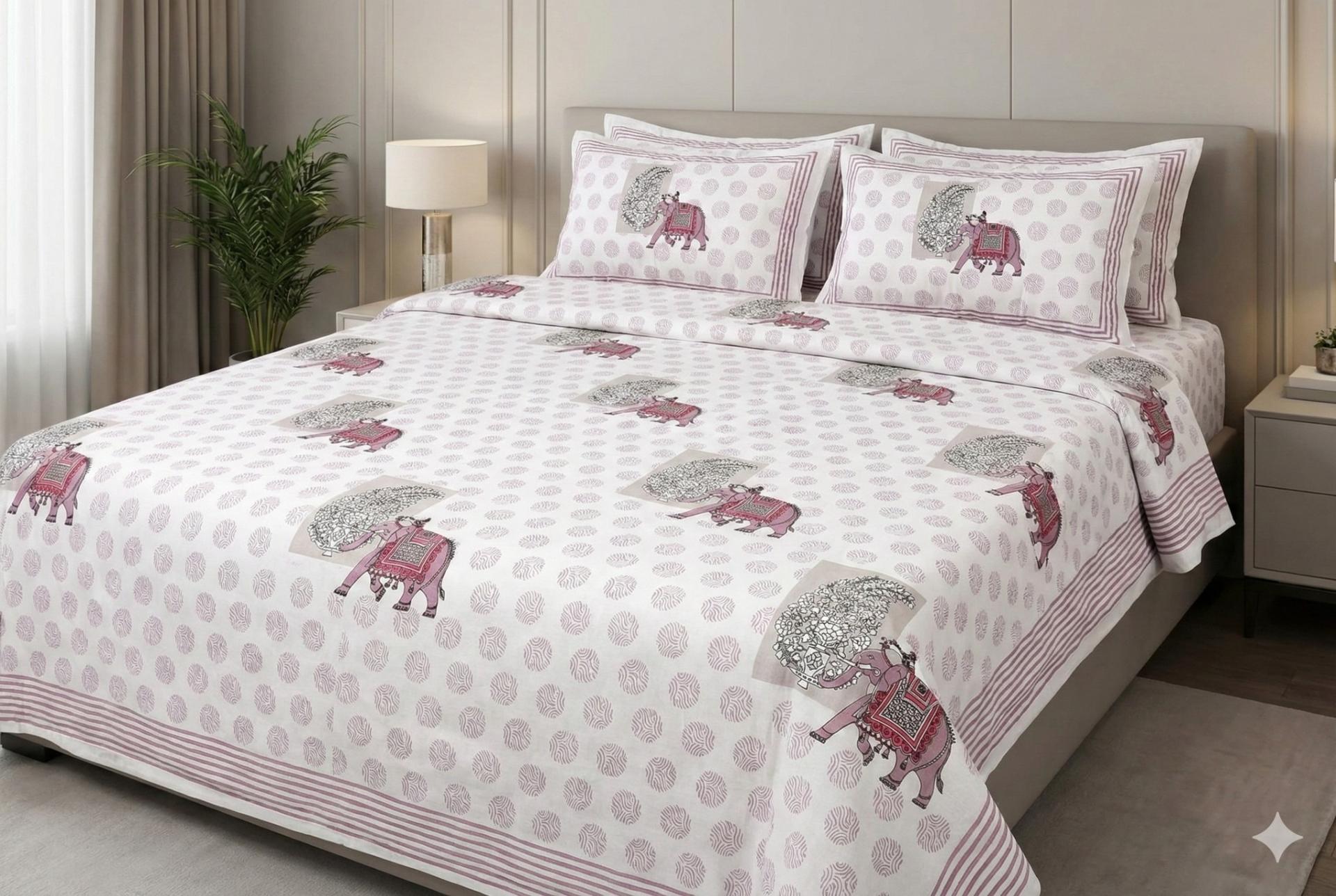 Ivory Elephant Motif Ethnic Cotton Bedsheet Set