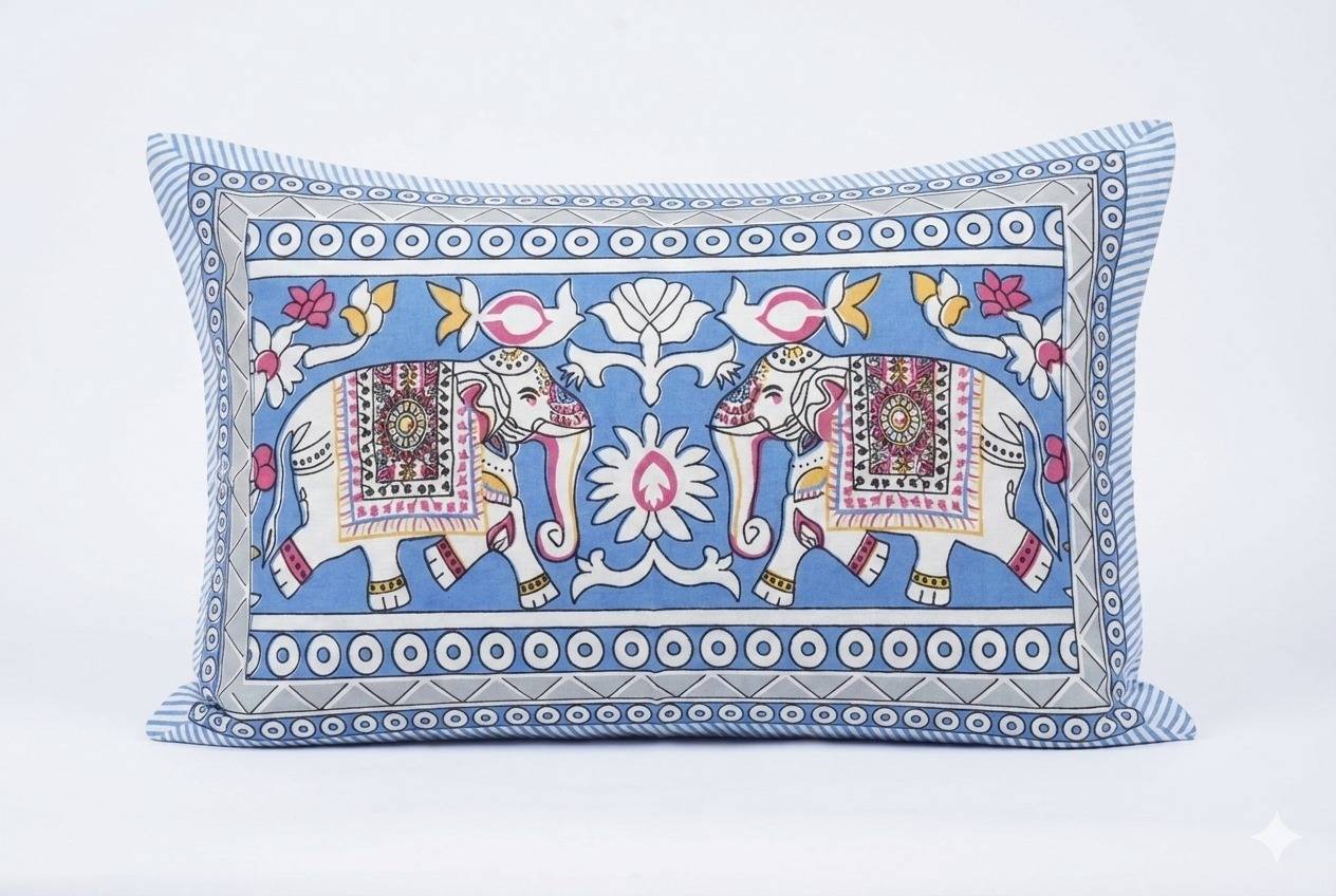 Bedsheet with Elephant & Floral Motifs – Blue Kaibee (photo 2 of 3) – KaiBee