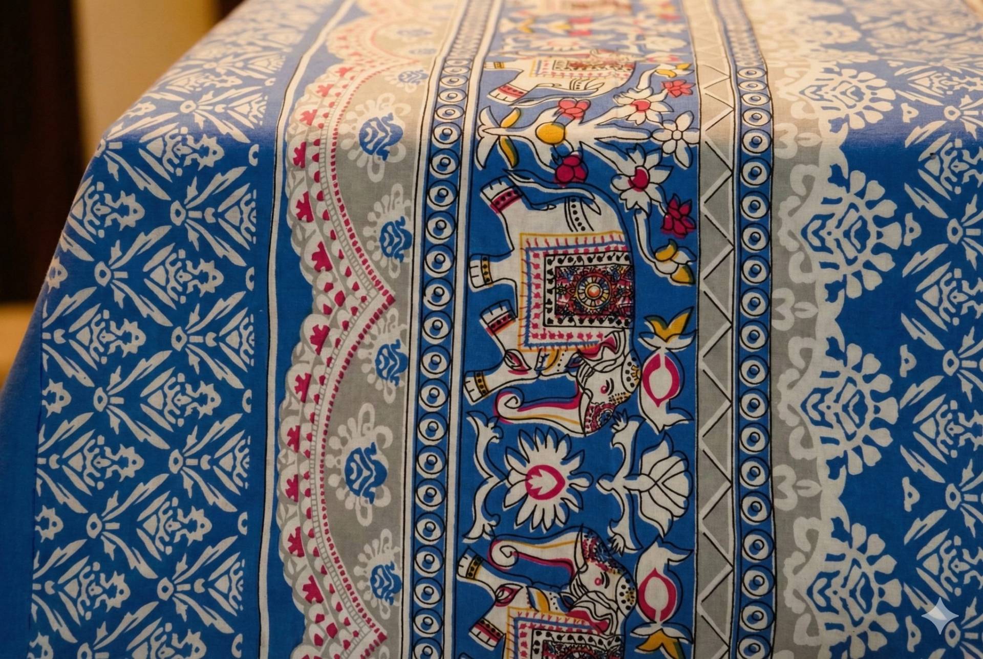 Bedsheet with Elephant & Floral Motifs – Blue Kaibee (photo 3 of 3) – KaiBee