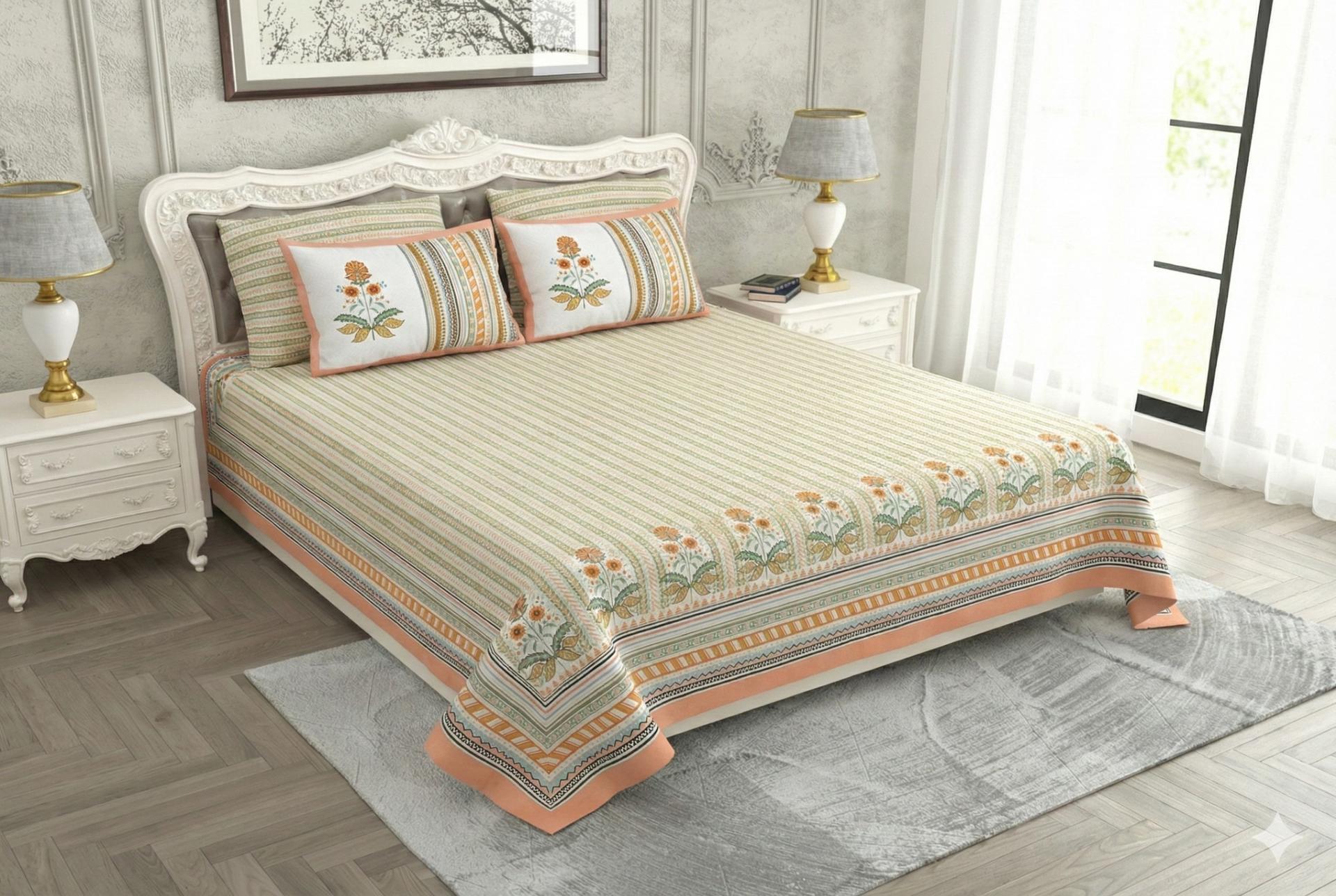 Bedsheet with Floral and Striped Design