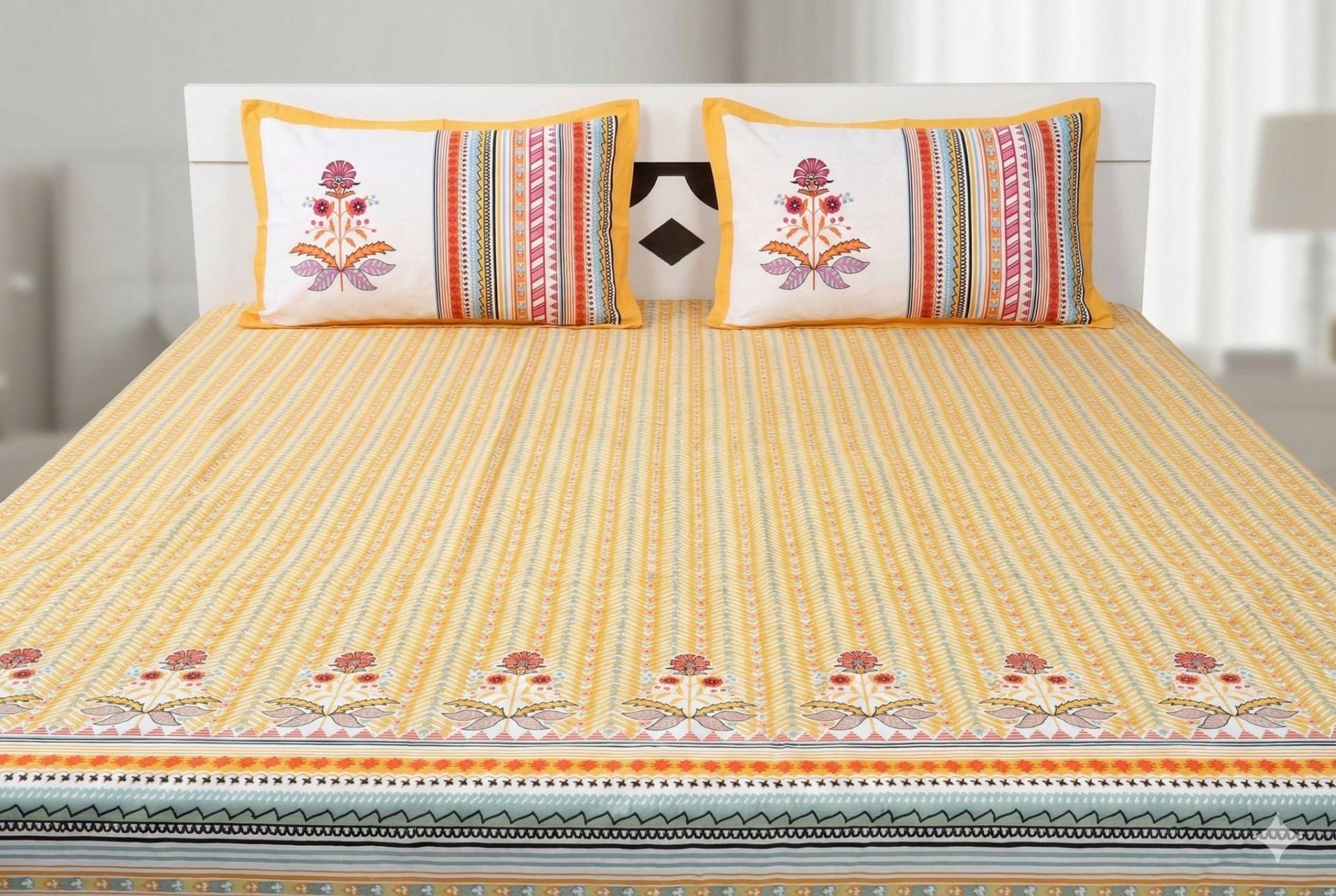 Bedsheet with Floral and Striped Design – Yellow Kaibee (photo 1 of 3) – KaiBee