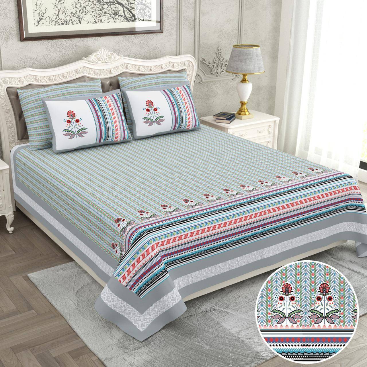 Bedsheet with Floral and Striped Design – Kaibee – KaiBee