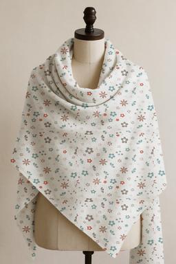 Printed Cotton Shawl With Flowers – White Kaibee (photo 1 of 2) – KaiBee