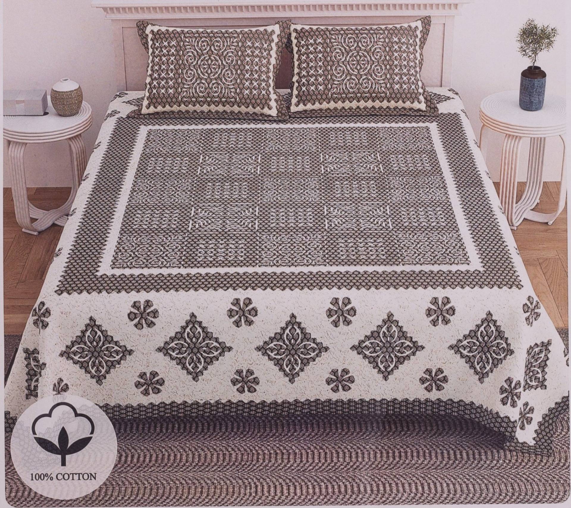 Beige & Brown Geometric Floral Print Cotton King Size Bedsheet – Brown Kaibee (photo 1 of 2) – KaiBee