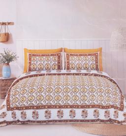 Yellow Brown Floral Block Printed Bedsheet – Multi Kaibee – KaiBee