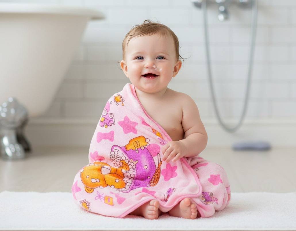 Soft Pink Cartoon Print Baby Bath Towel – Pink Kaibee (photo 1 of 3) – KaiBee