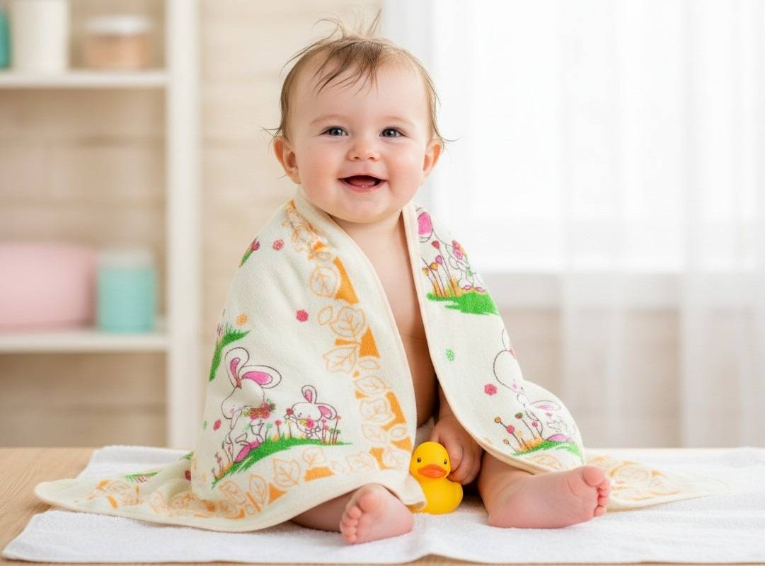Cute Bunny and Bird Garden Print Baby Bath Towel – Yellow Kaibee (photo 1 of 3) – KaiBee