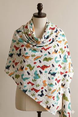 Printed Cotton Shawl With Dinosaurs – White Kaibee (photo 1 of 2) – KaiBee